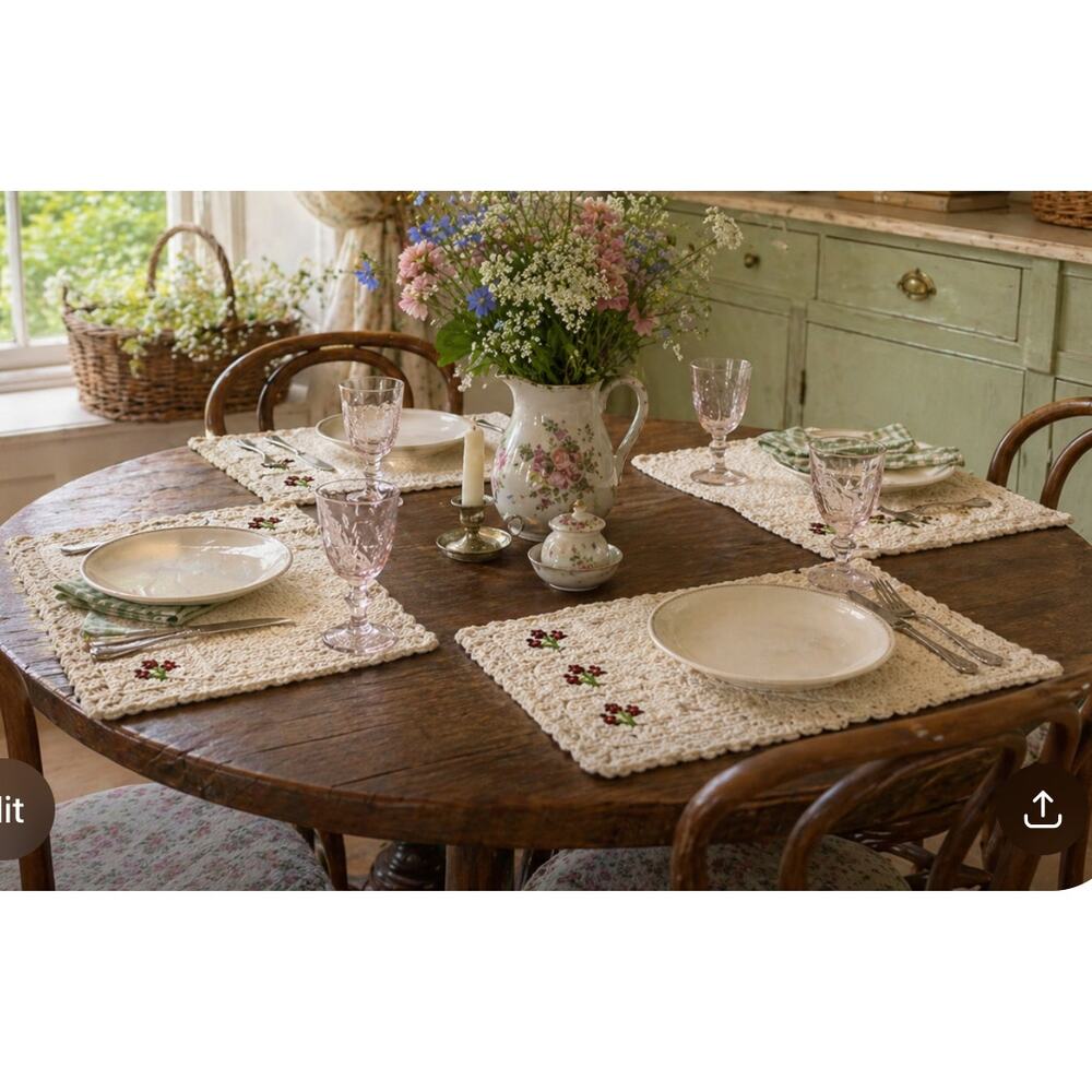 Vintage Handmade Placemat Table Set Cream Floral Detail Boho Neutral Cottage